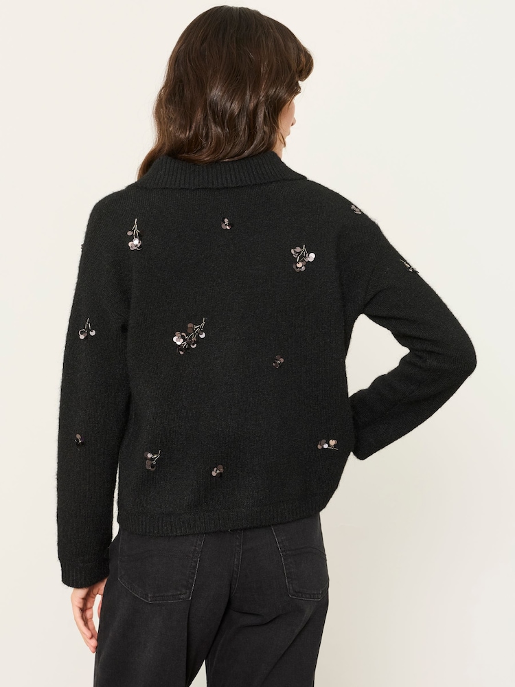 FatFace Beth Black Embellished Knitted Cardigan - Image 2 of 6 FatFace Beth Black Embellished Knitted Cardigan - Image 2 of 6