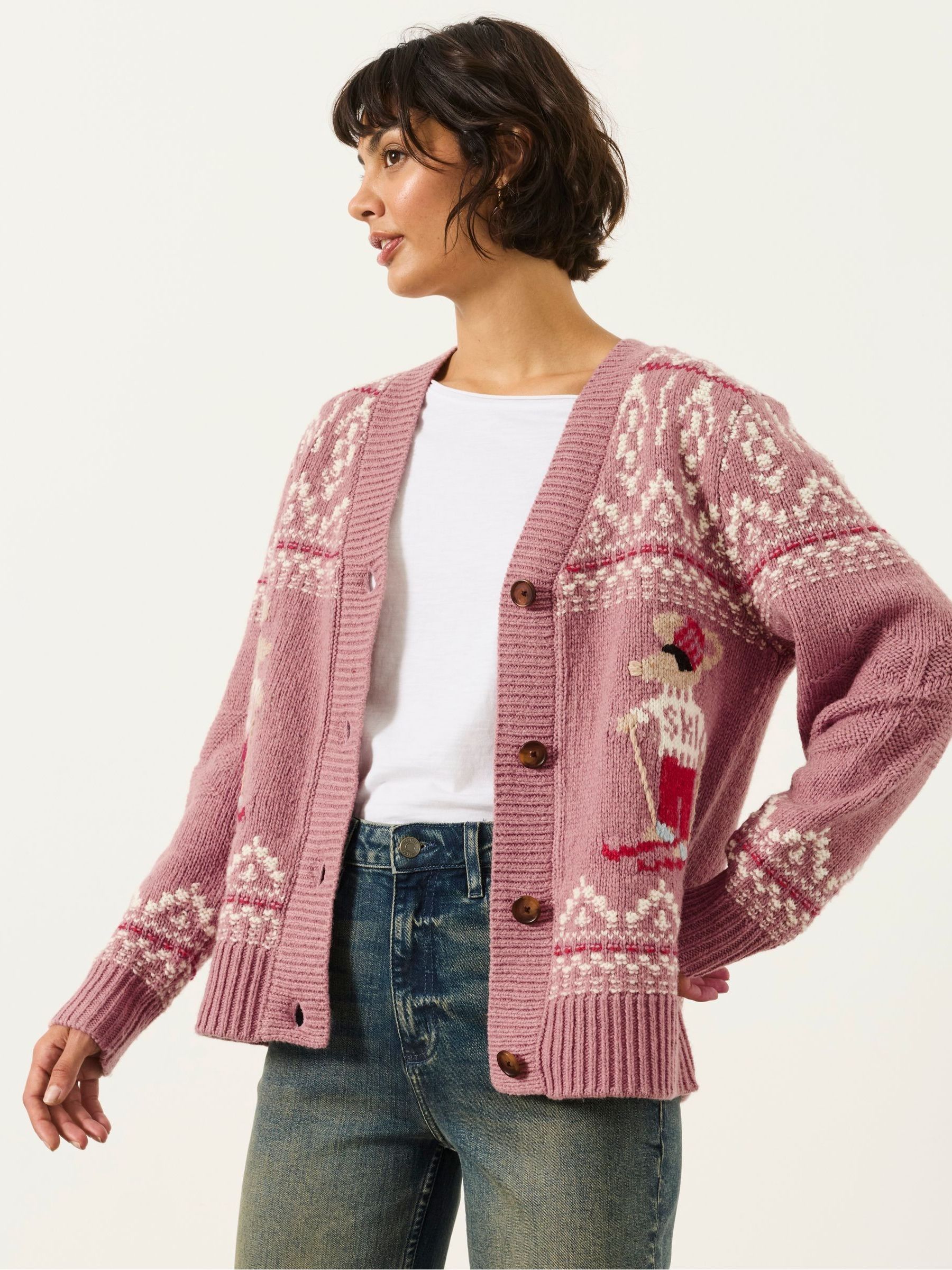 Fatface Shelter Ski Pink Knitted Cardigan