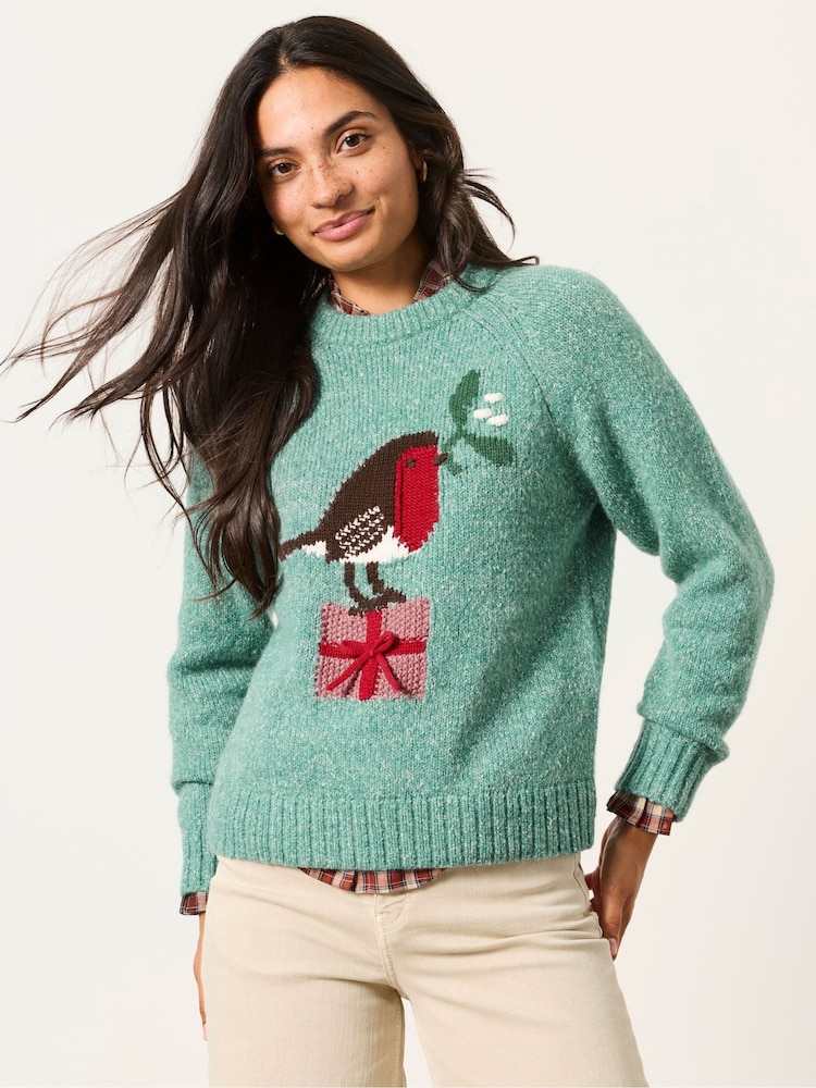FatFace Robin Blue Knitted Crew Jumper - Image 1 of 6