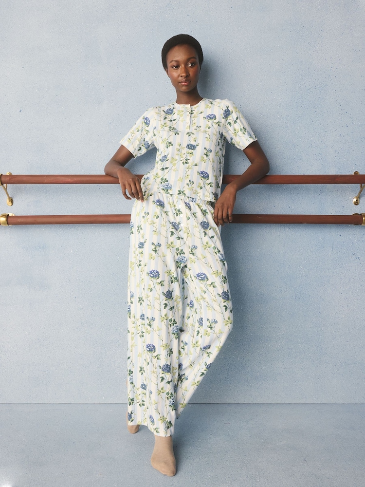 Cath Kidston Blue Climbing Rose Pointelle Pyjamas Set - Image 1 of 5