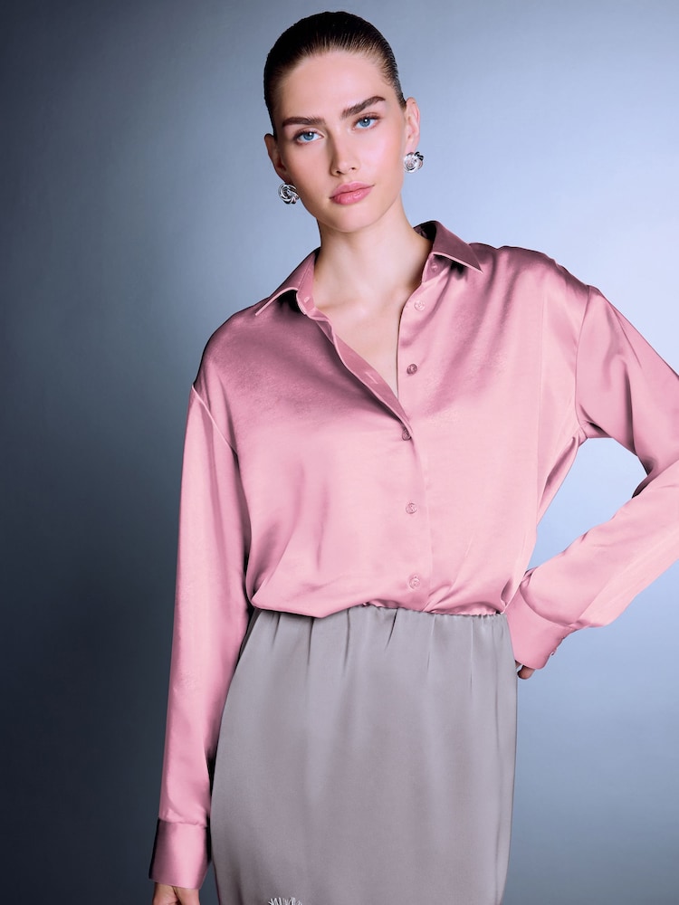 Pink Satin Long Sleeve Shirt - Image 1 of 7 Pink Satin Long Sleeve Shirt - Image 1 of 7