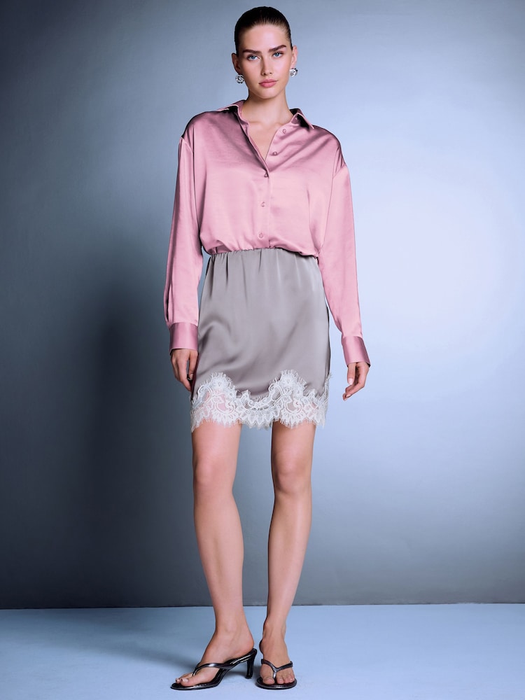 Pink Satin Long Sleeve Shirt - Image 2 of 7 Pink Satin Long Sleeve Shirt - Image 2 of 7