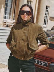 Lipsy x Gemma Owen Olive Green Cord Funnel Neck Bomber Jacket - Image 1 of 6