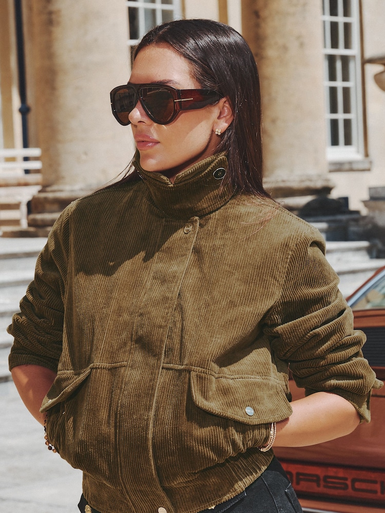 Lipsy x Gemma Owen Olive Green Cord Funnel Neck Bomber Jacket - Image 2 of 6 Lipsy x Gemma Owen Olive Green Cord Funnel Neck Bomber Jacket - Image 2 of 6