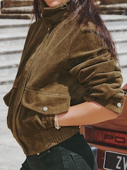 Lipsy x Gemma Owen Olive Green Cord Funnel Neck Bomber Jacket - Image 3 of 6