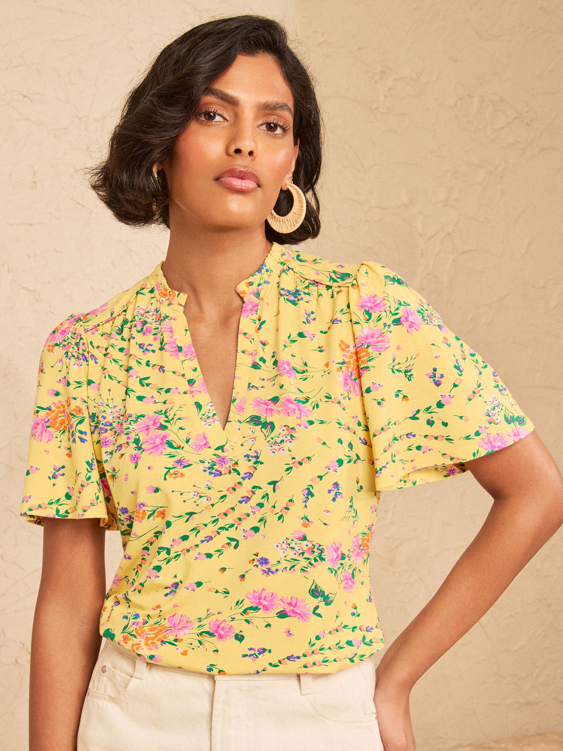 Buy Love & Roses Yellow Floral Print Notch Neck Flutter Sleeve T
