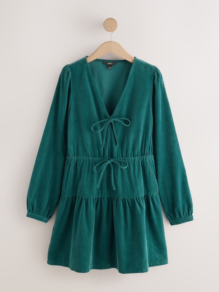 Teal Blue Long Sleeve V-Neck Tie Cord Mini Dress - Image 1 of 3 Teal Blue Long Sleeve V-Neck Tie Cord Mini Dress - Image 1 of 3