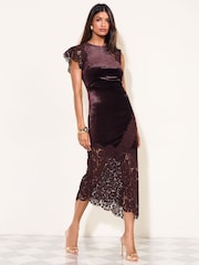 Friends Like These Chocolate Brown Short Sleeve Lace Hem Midi Dress - Image 3 of 5