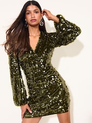 Friends Like These Olive Green Long Sleeve Sequin Wrap Mini Dress - Image 1 of 6