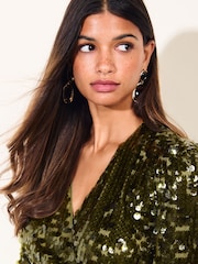 Friends Like These Olive Green Long Sleeve Sequin Wrap Mini Dress - Image 4 of 6
