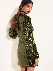 Friends Like These Olive Green Long Sleeve Sequin Wrap Mini Dress - Image 5 of 6