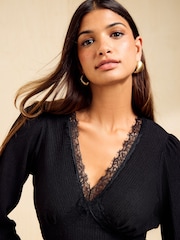Friends Like These Black Long Sleeve Crinkle Lace Trim Mini Dress - Image 4 of 5