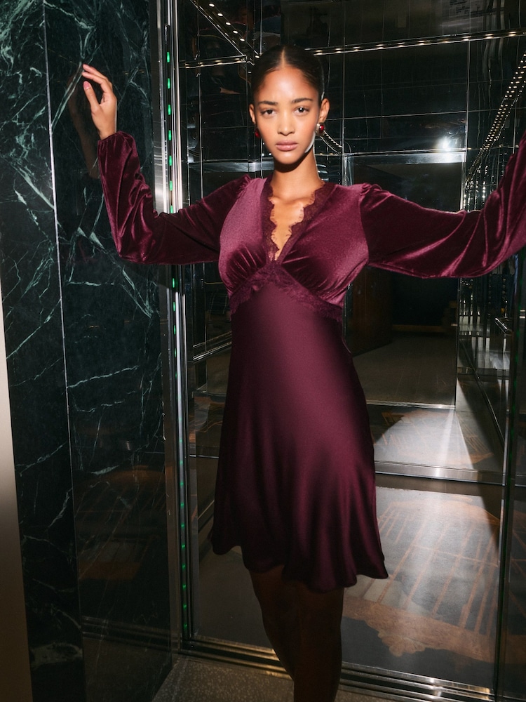 Friends Like These Aubergine Purple Petite Velvet Long Sleeve Lace Detail Mini Dress - Image 2 of 4 Friends Like These Aubergine Purple Petite Velvet Long Sleeve Lace Detail Mini Dress - Image 2 of 4