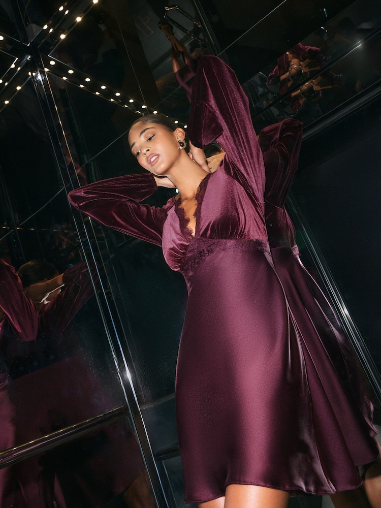 Friends Like These Aubergine Purple Petite Velvet Long Sleeve Lace Detail Mini Dress - Image 4 of 4 Friends Like These Aubergine Purple Petite Velvet Long Sleeve Lace Detail Mini Dress - Image 4 of 4