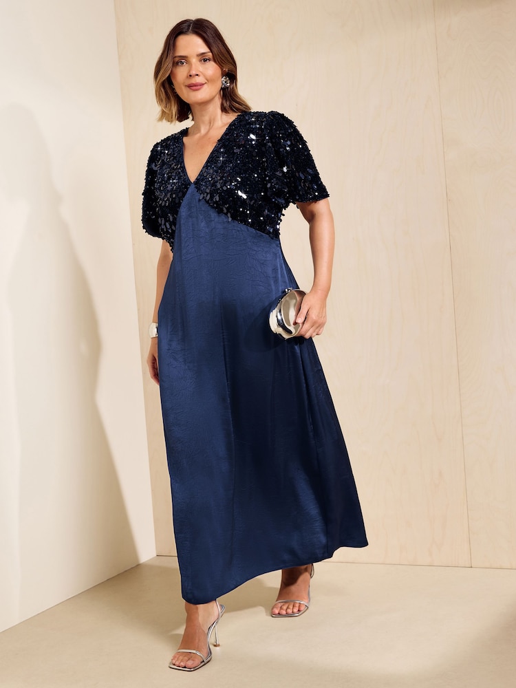 Friends Like These Navy Curve Short Sleeve Sequin Satin Midi Dress - Image 1 of 5