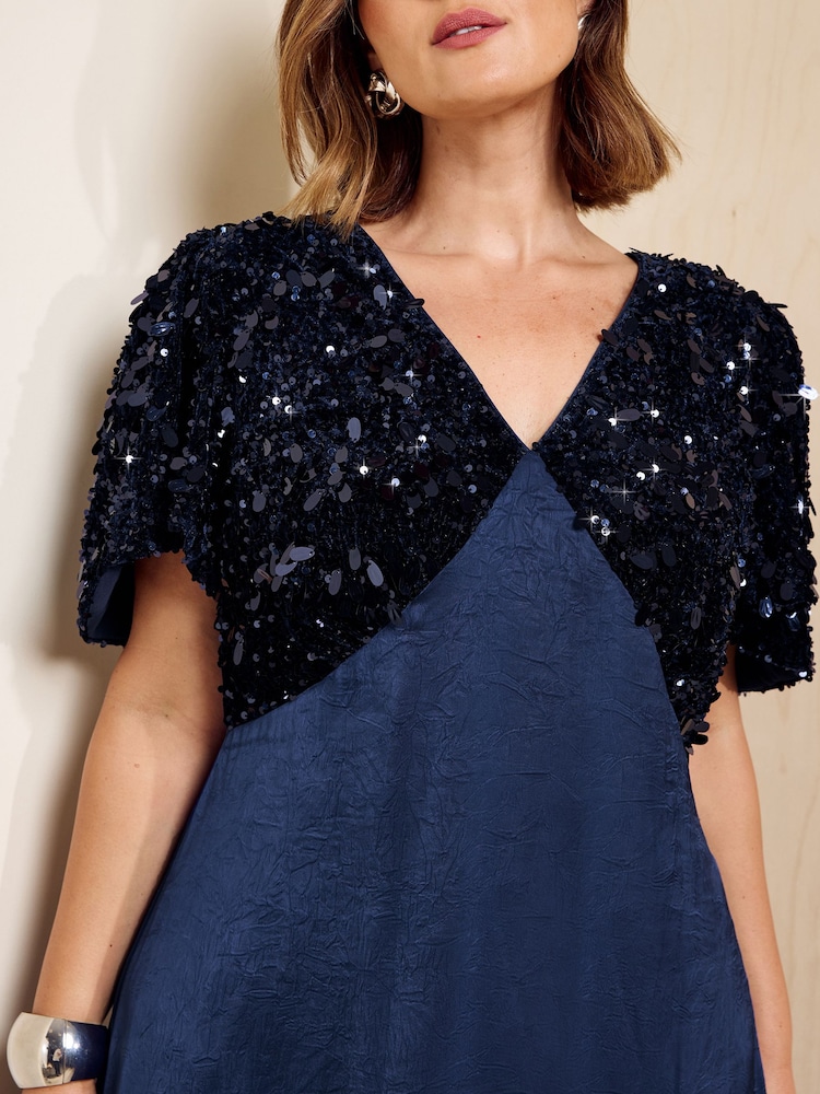 Friends Like These Navy Curve Short Sleeve Sequin Satin Midi Dress - Image 2 of 5