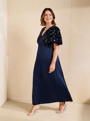 Friends Like These Navy Curve Short Sleeve Sequin Satin Midi Dress - Image 3 of 5