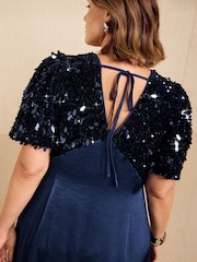Friends Like These Navy Curve Short Sleeve Sequin Satin Midi Dress - Image 4 of 5