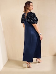 Friends Like These Navy Curve Short Sleeve Sequin Satin Midi Dress - Image 5 of 5