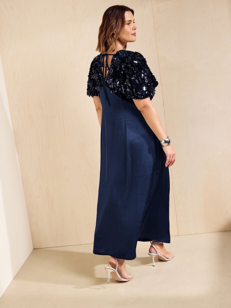 Friends Like These Navy Curve Short Sleeve Sequin Satin Midi Dress - Image 5 of 5
