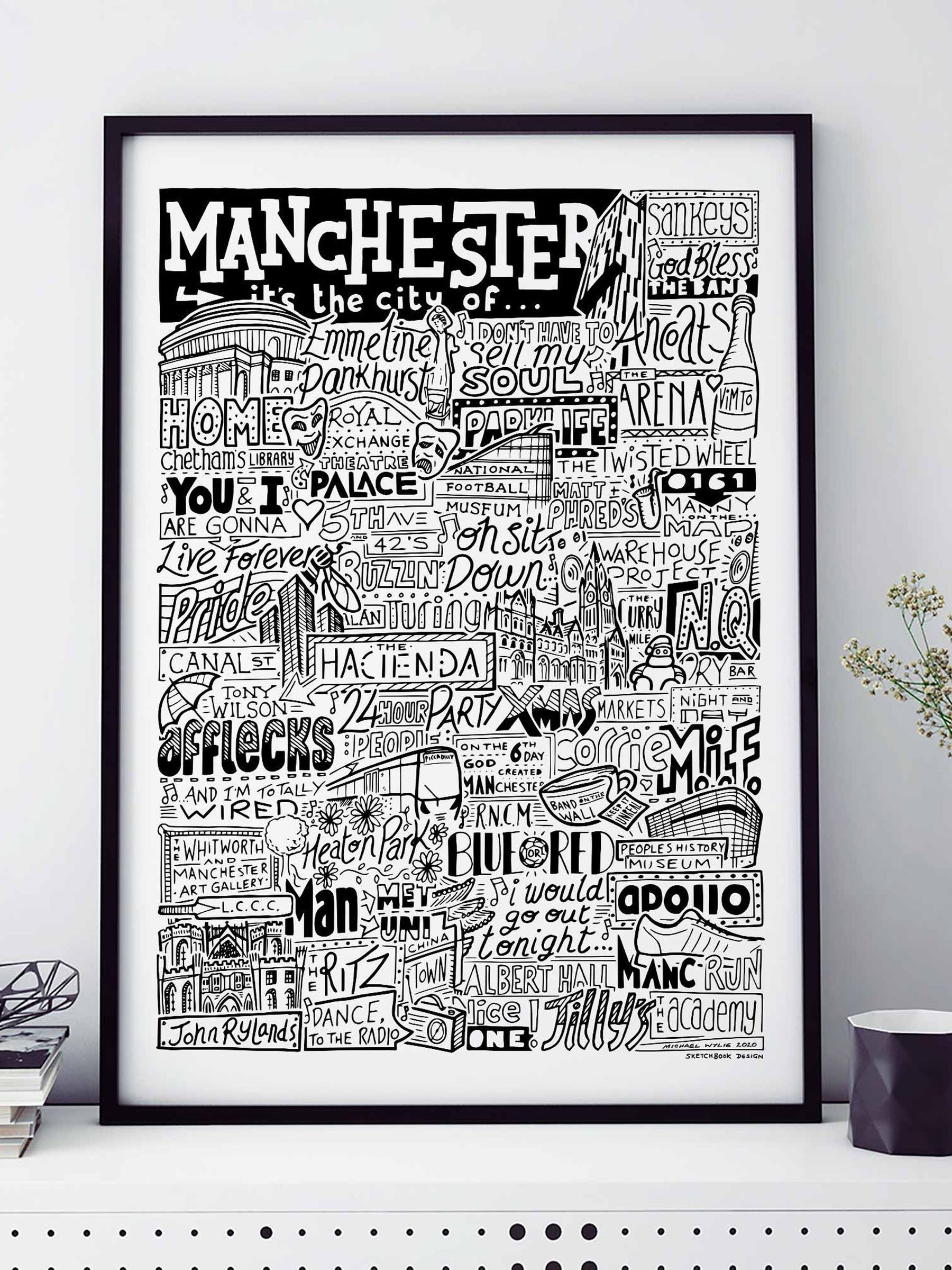 Sketchbook Design Unisex Multi Manchester Landmarks Illustration Framed Wall Art Print - Image 1