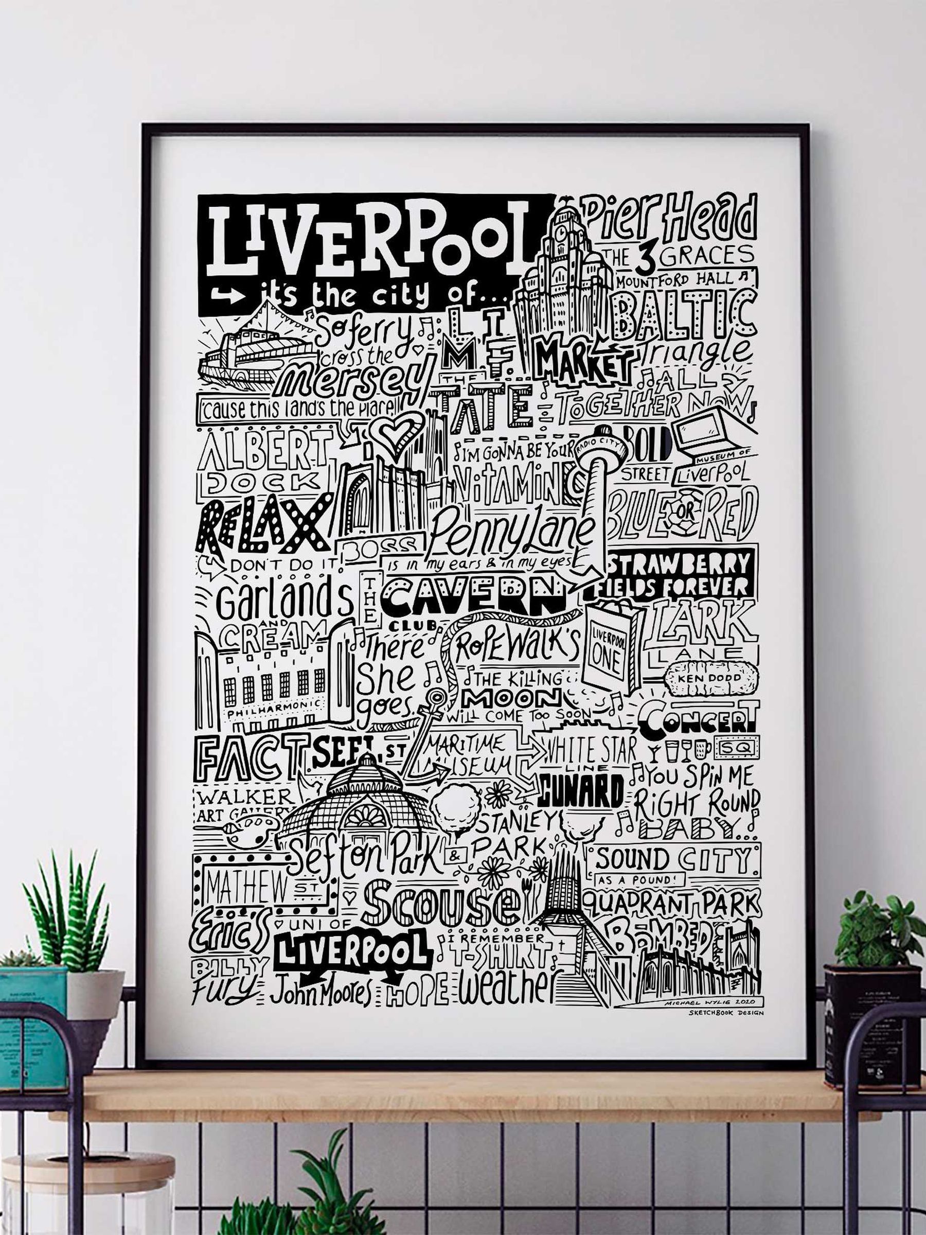Sketchbook Design Unisex Multi Liverpool Landmarks Illustration Framed Wall Art Print - Image 1