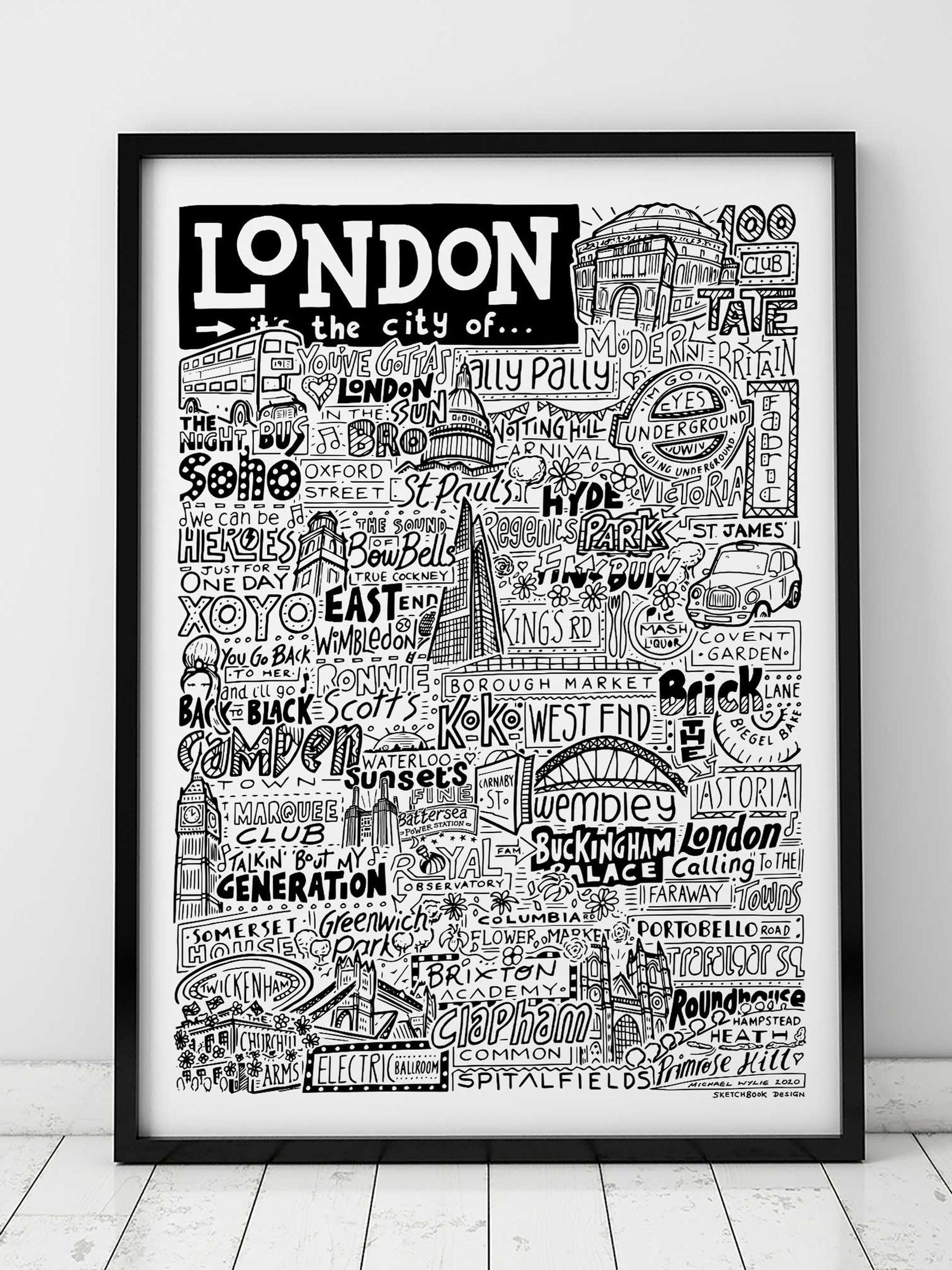 Sketchbook Design Unisex Multi London Landmarks Illustration Framed Wall Art Print - Image 1