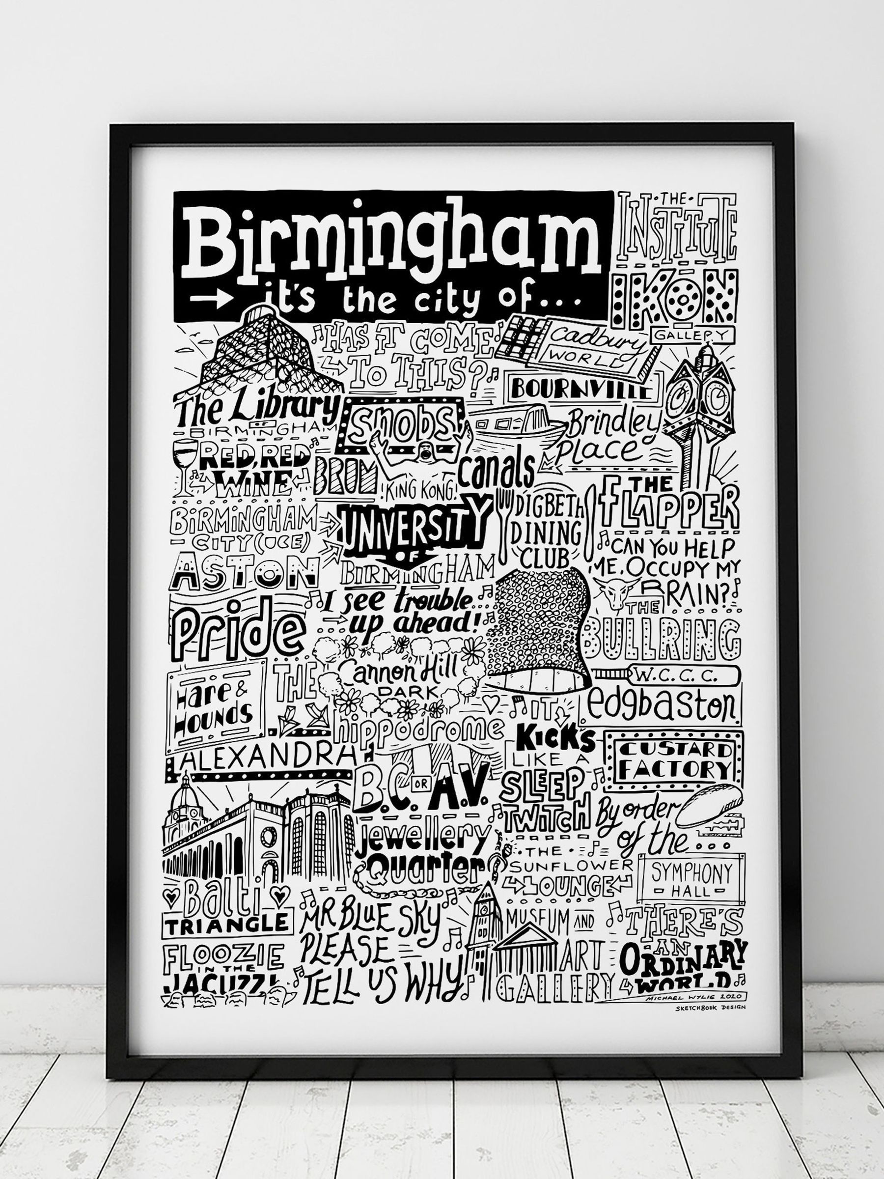 Sketchbook Design Birmingham Landmarks A3 Print - Black Frame - Image 2
