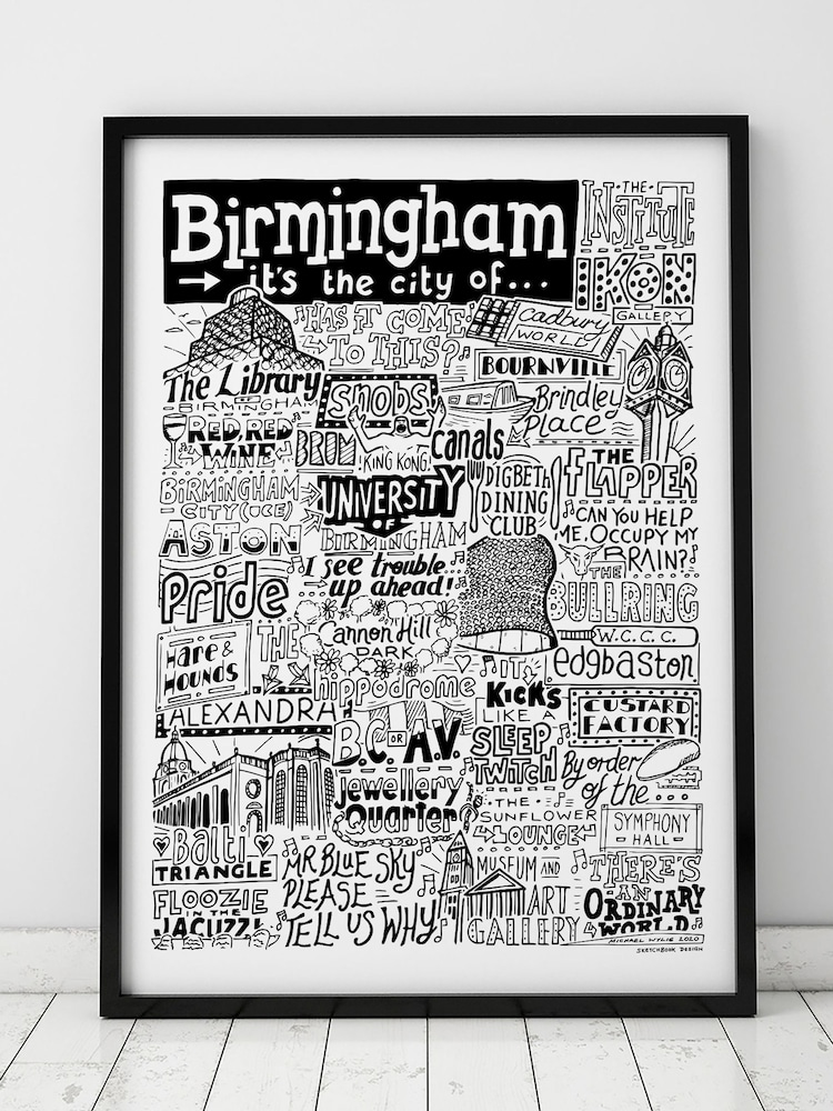 Sketchbook Design Multi Birmingham Landmarks Illustration Framed Wall Art Print - Image 1 of 4