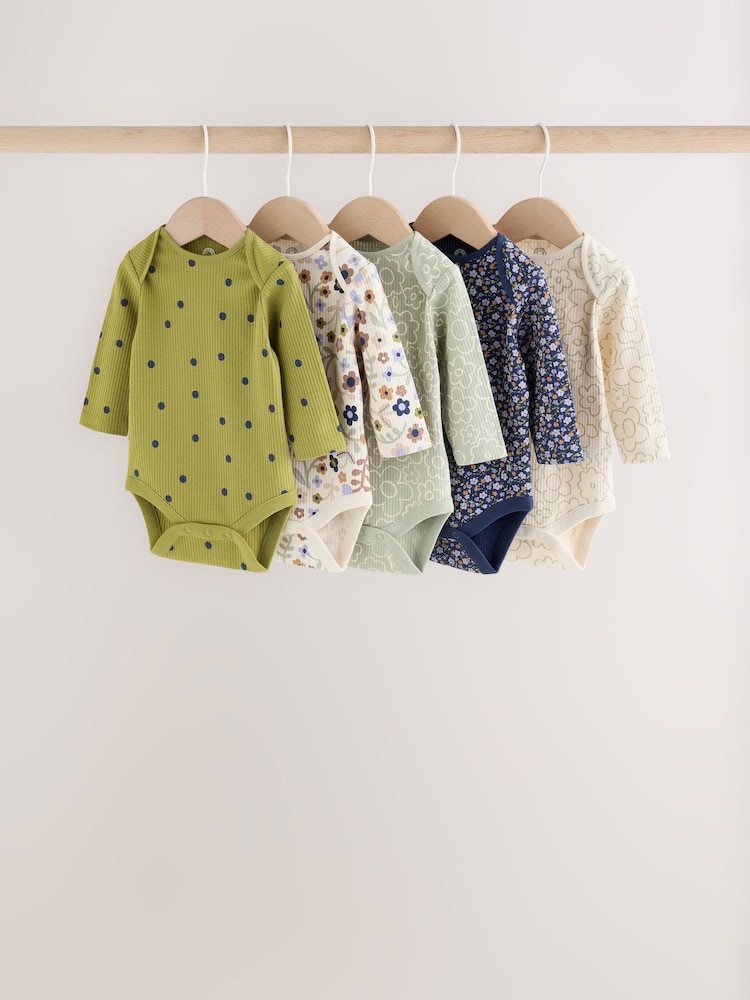 Green Floral Long Sleeve Baby Bodysuits 5 Pack - Image 1 of 11 Green Floral Long Sleeve Baby Bodysuits 5 Pack - Image 1 of 11
