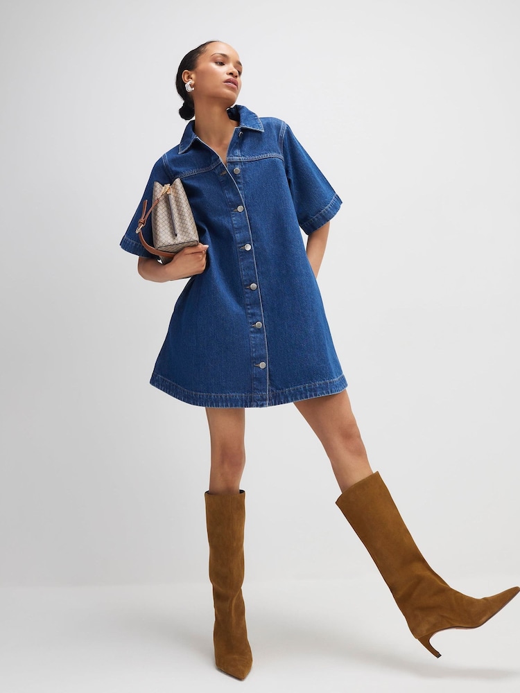 River Island Blue Button Through Denim Mini Dress - Image 1 of 4 River Island Blue Button Through Denim Mini Dress - Image 1 of 4