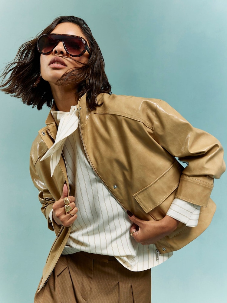 River Island Brown Faux Leather Vinyl Funnel Neck Bomber Jacket - Image 1 of 4