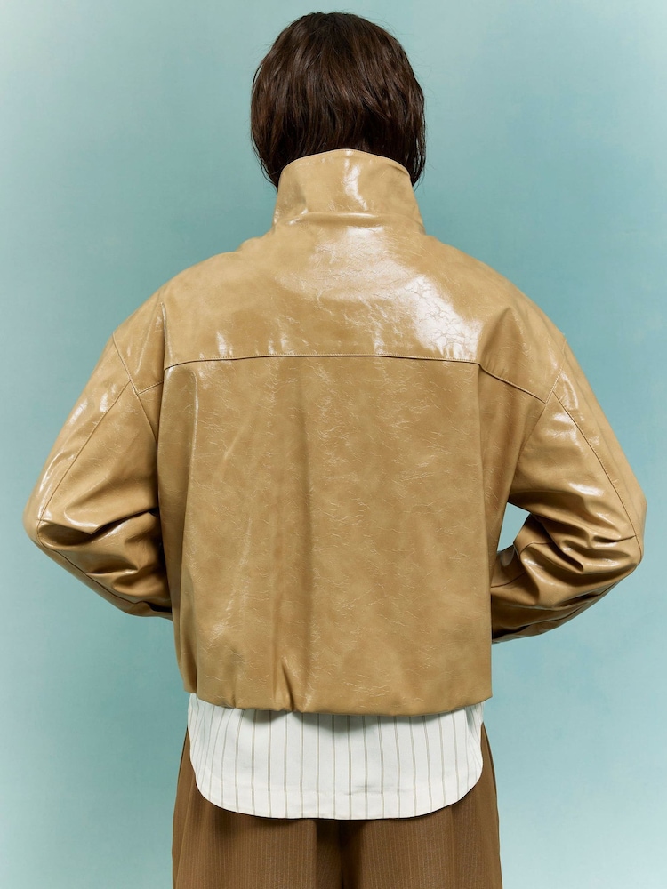 River Island Brown Faux Leather Vinyl Funnel Neck Bomber Jacket - Image 4 of 4