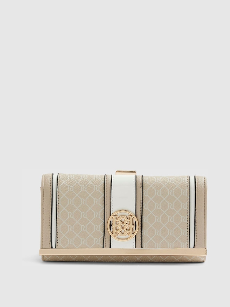 River Island Cream Patent Panelled Monogram Cliptop Purse - Image 1 of 5