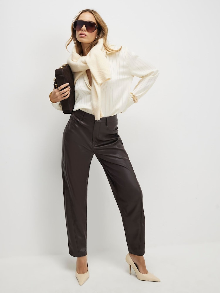 River Island Brown Faux Leather Seam Detail  Barrel Leg Trousers - Image 1 of 4