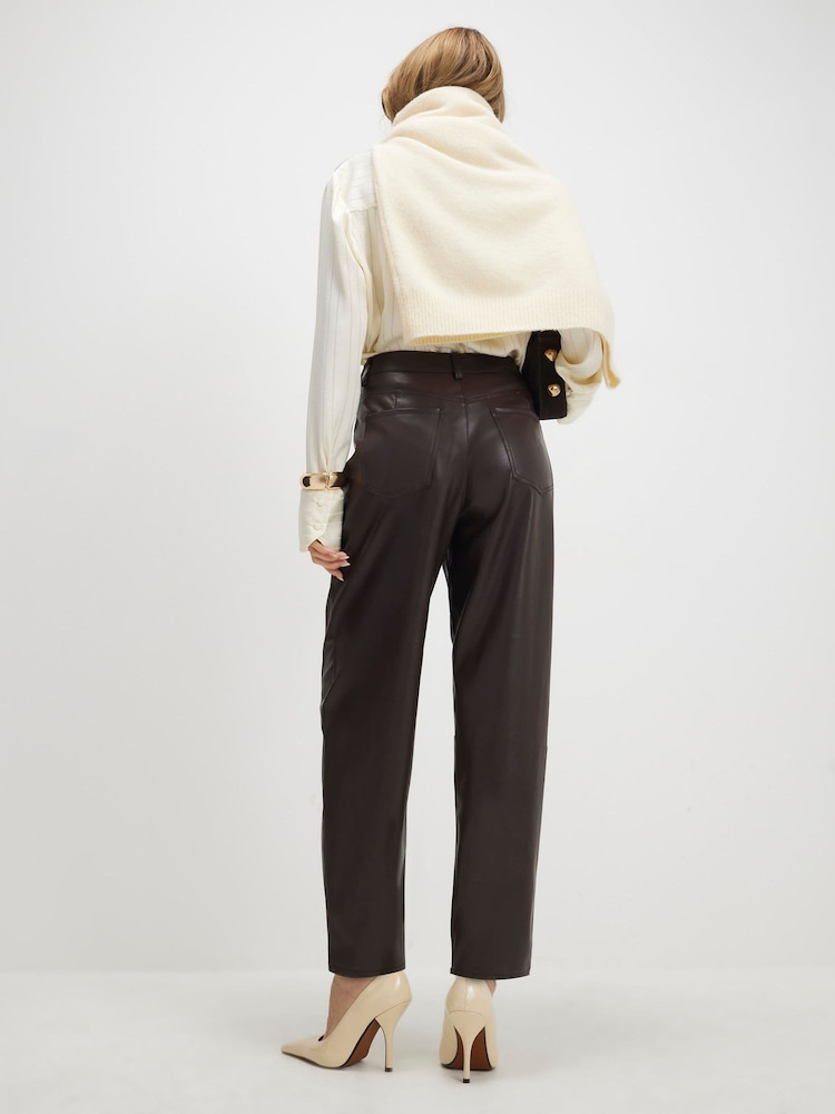 River Island Brown Faux Leather Seam Detail  Barrel Leg Trousers - Image 2 of 4