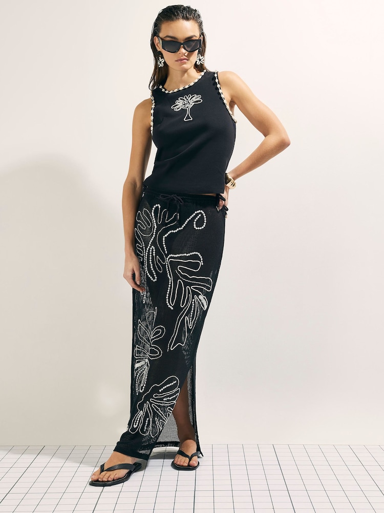 River Island Black Palm Stitch Embellished Sarong - Image 1 of 4