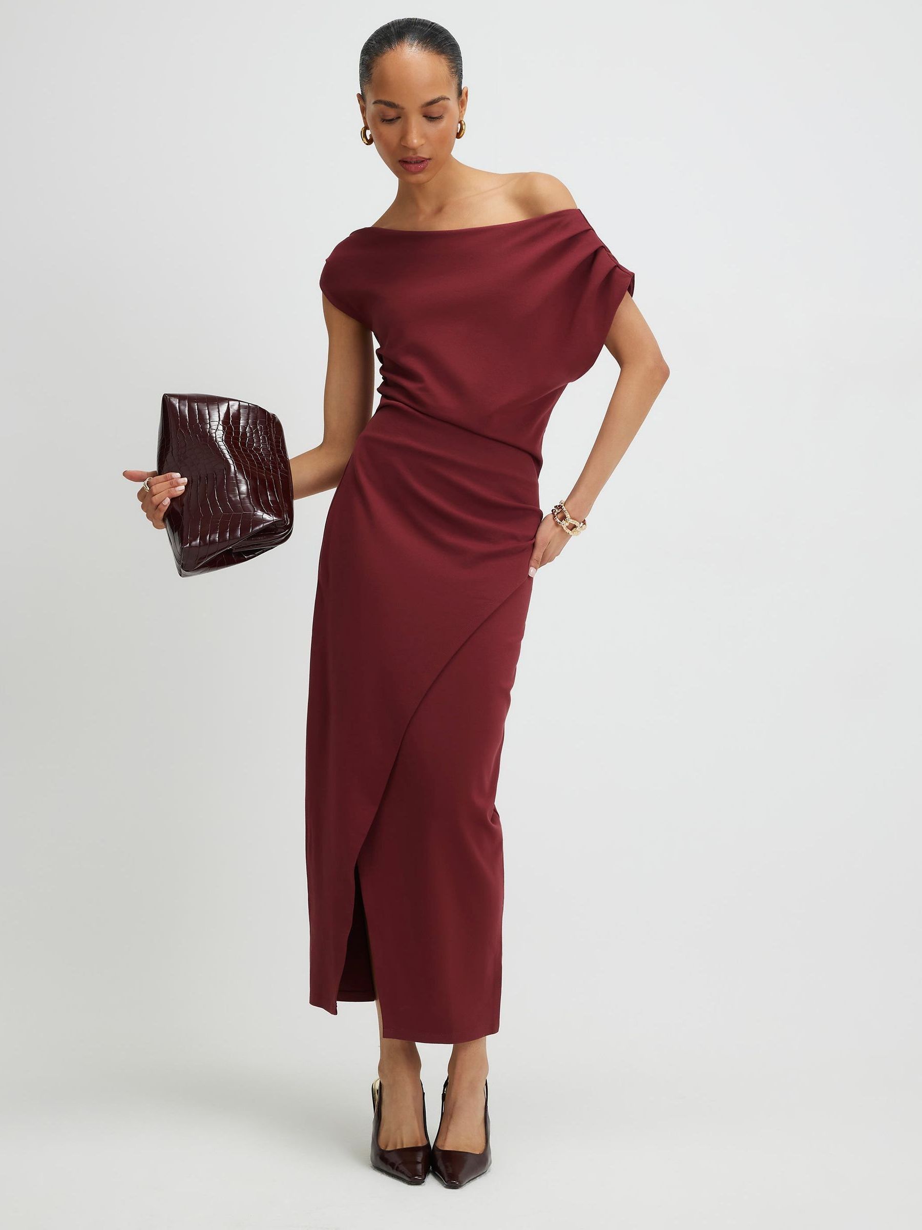 knee length dresses for ladies Burgundy Slinky Krishna One Shoulder Maxi Dress