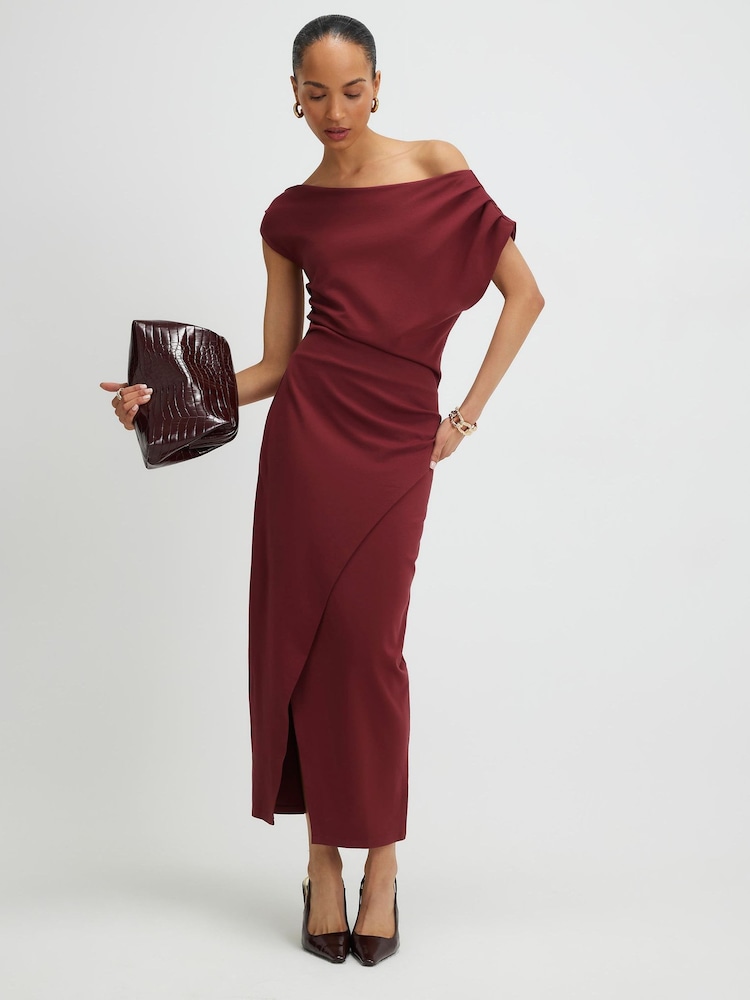 River Island Burgundy One Shoulder Asymmetric Drape Midi Dress - Image 1 of 4 River Island Burgundy One Shoulder Asymmetric Drape Midi Dress - Image 1 of 4