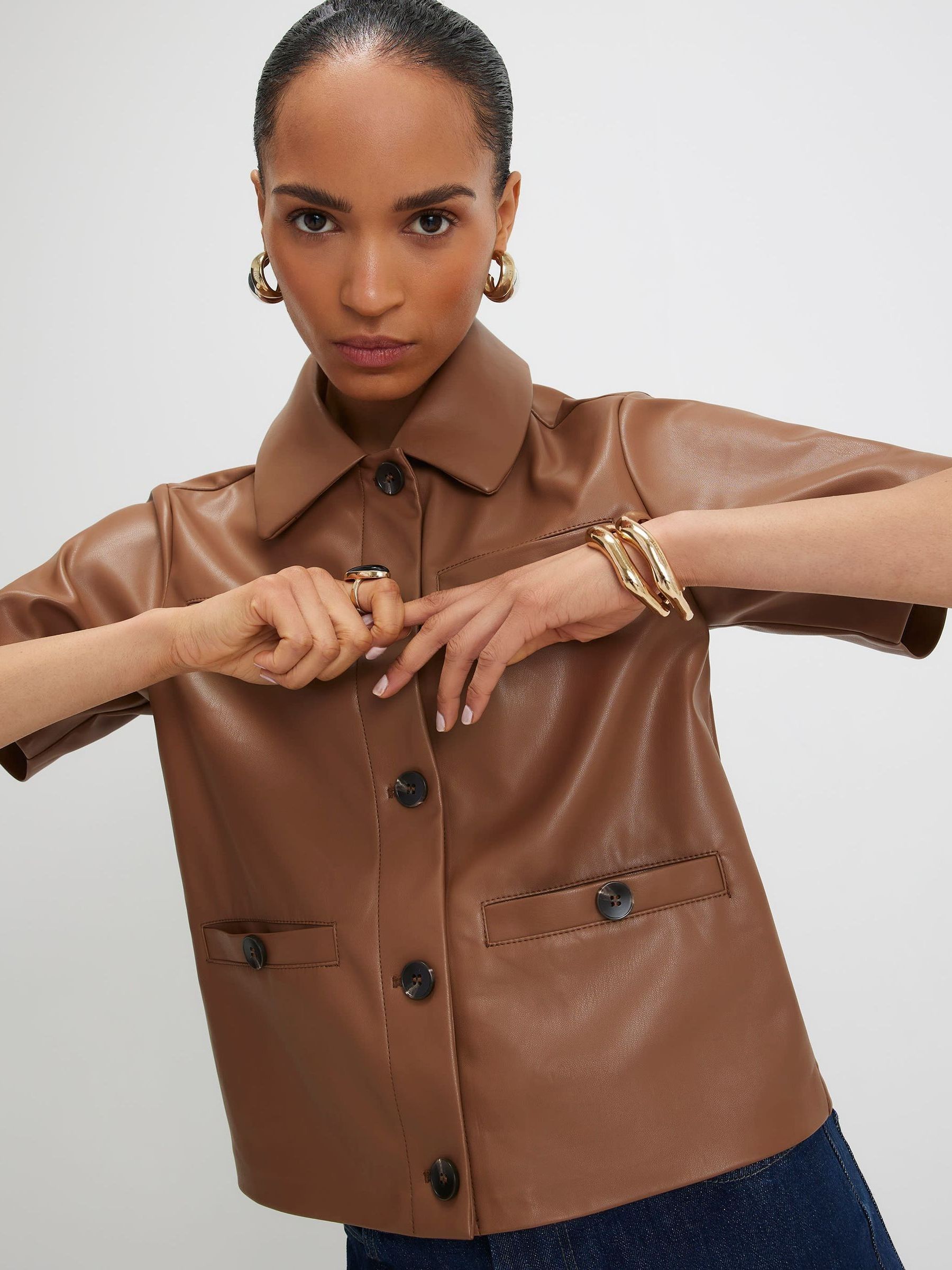 Buy River Island Brown Faux Leather Short Sleeve Shirt from the