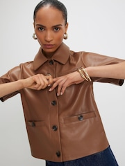 River Island Brown Faux Leather Short Sleeve Shirt - Image 1 of 4