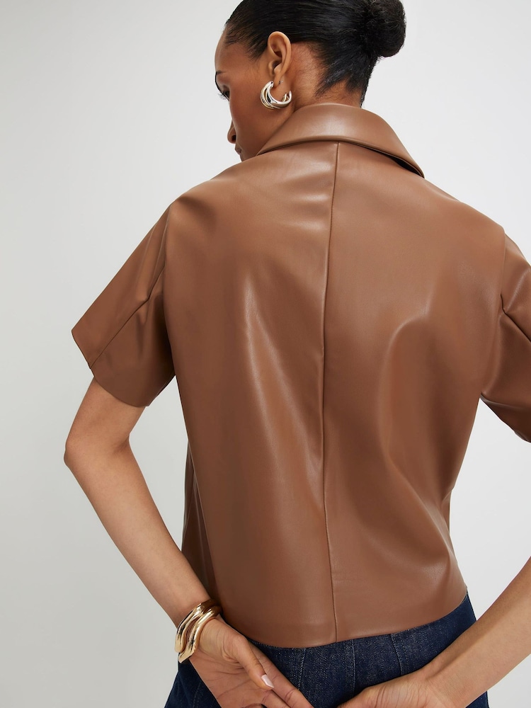 River Island Brown Faux Leather Short Sleeve Shirt - Image 2 of 4