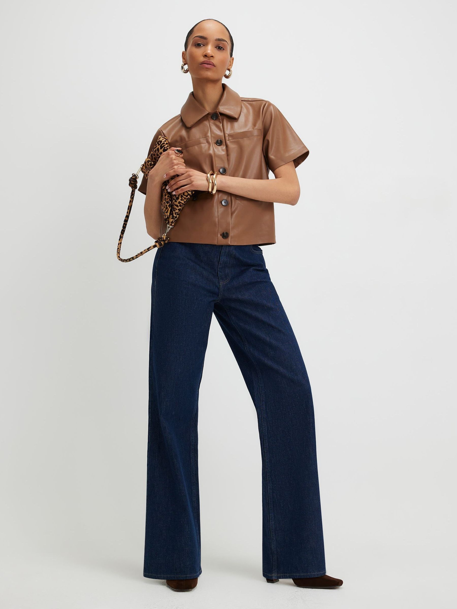 Buy River Island Brown Faux Leather Short Sleeve Shirt from Next