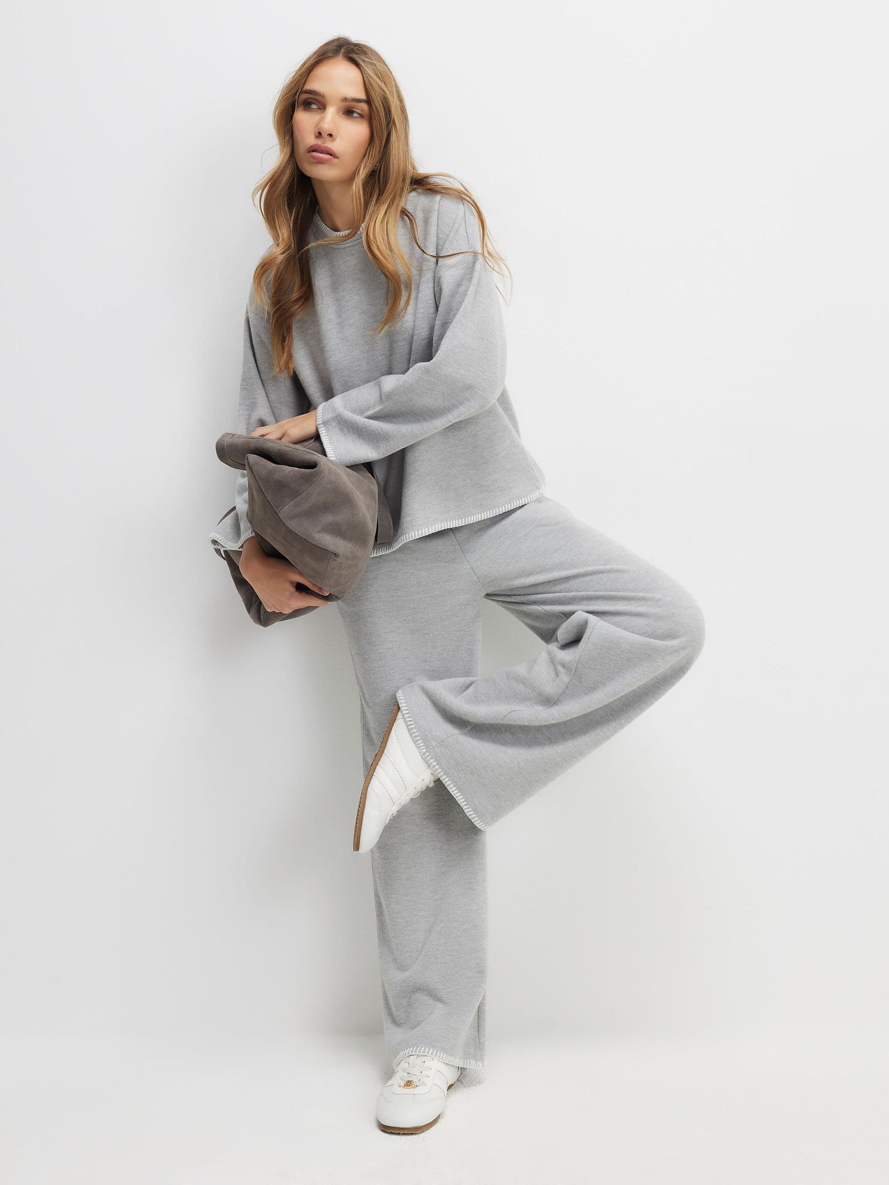 Buy River Island Grey Long Sleeve Whipstitch Cosy Sweatshirt from