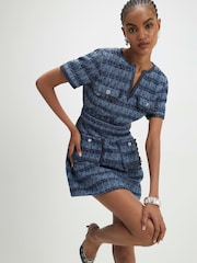 River Island Blue Faux Leather Scallop Trim Boucle Mini Dress - Image 3 of 4