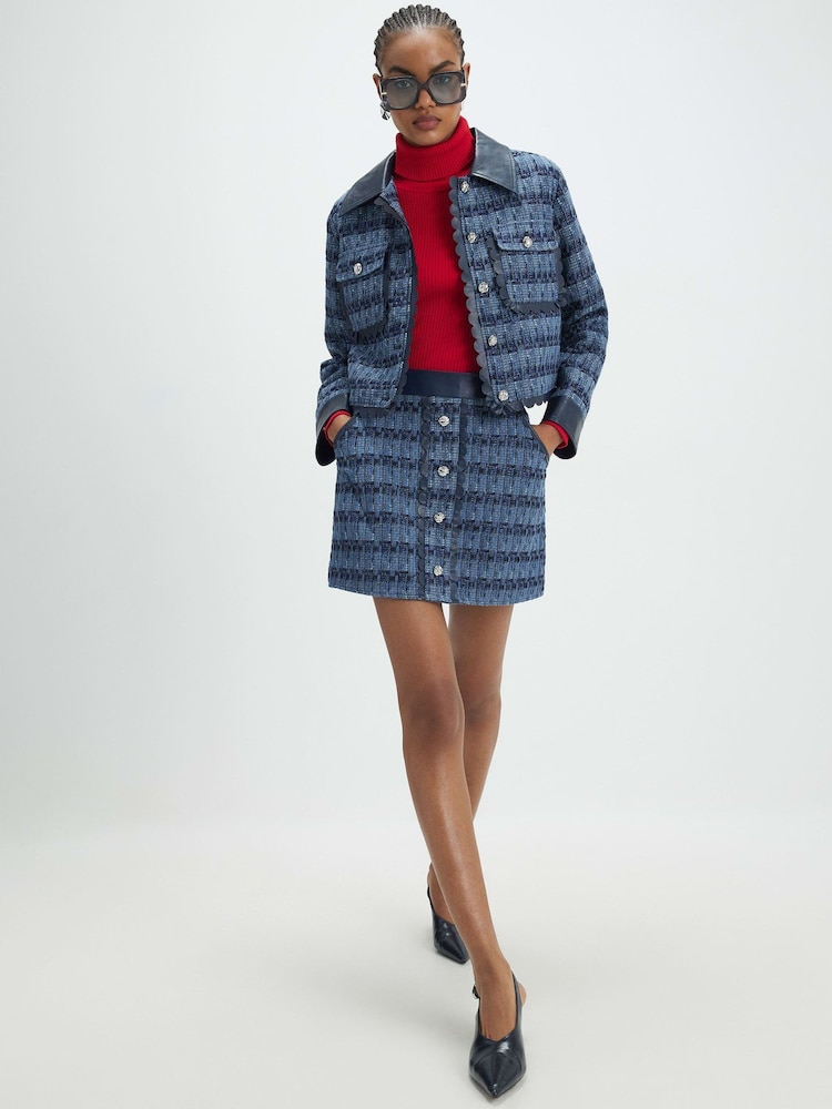 River Island Blue Boucle Faux Leather Scallop Trim Mini Skirt - Image 2 of 4