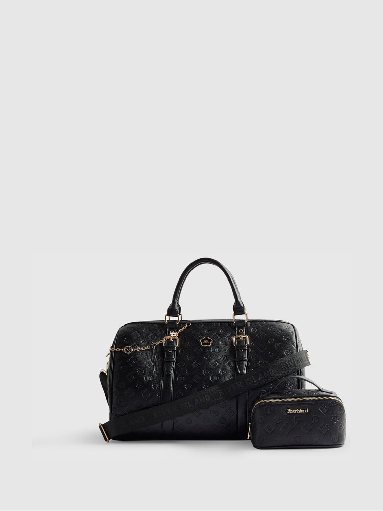 River Island Black Embossed Monogram Barrel Bundle Bag - Image 1 of 5