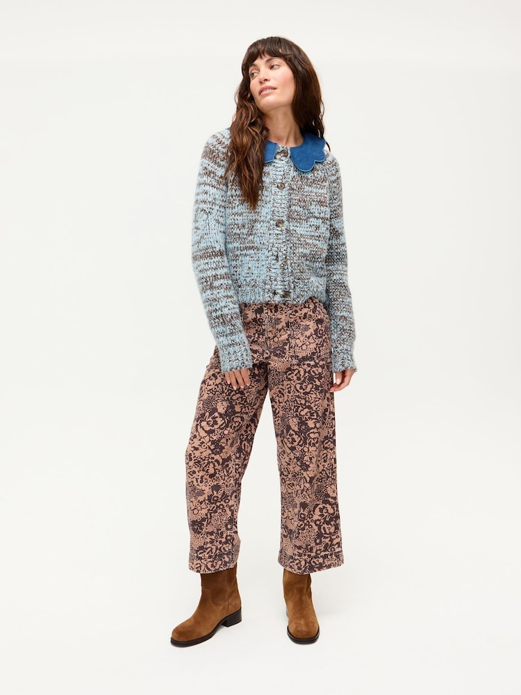 Oliver Bonas Brown Floral Print Cropped Wide Leg Jeans - Image 1 of 7