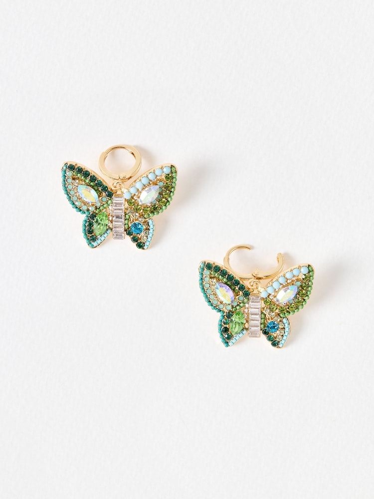 Oliver Bonas Green Brook Butterfly Stone & Beaded Hoop Earrings - Image 1 of 5