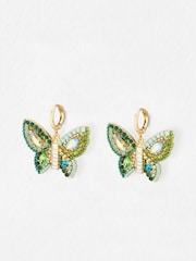 Oliver Bonas Green Brook Butterfly Stone & Beaded Hoop Earrings - Image 2 of 5